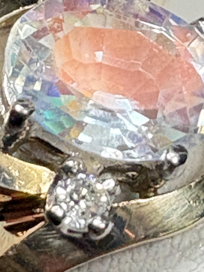 Madagascar Rainbow Moonstone and Diamond Ring Solid 14k Gold size 6.25 - NewLifeJewelryVault