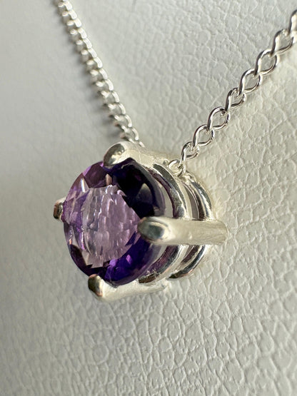 Four Peaks Amethyst from Arizona Solitaire Necklace Sterling Silver 5mm 20" - NewLifeJewelryVault