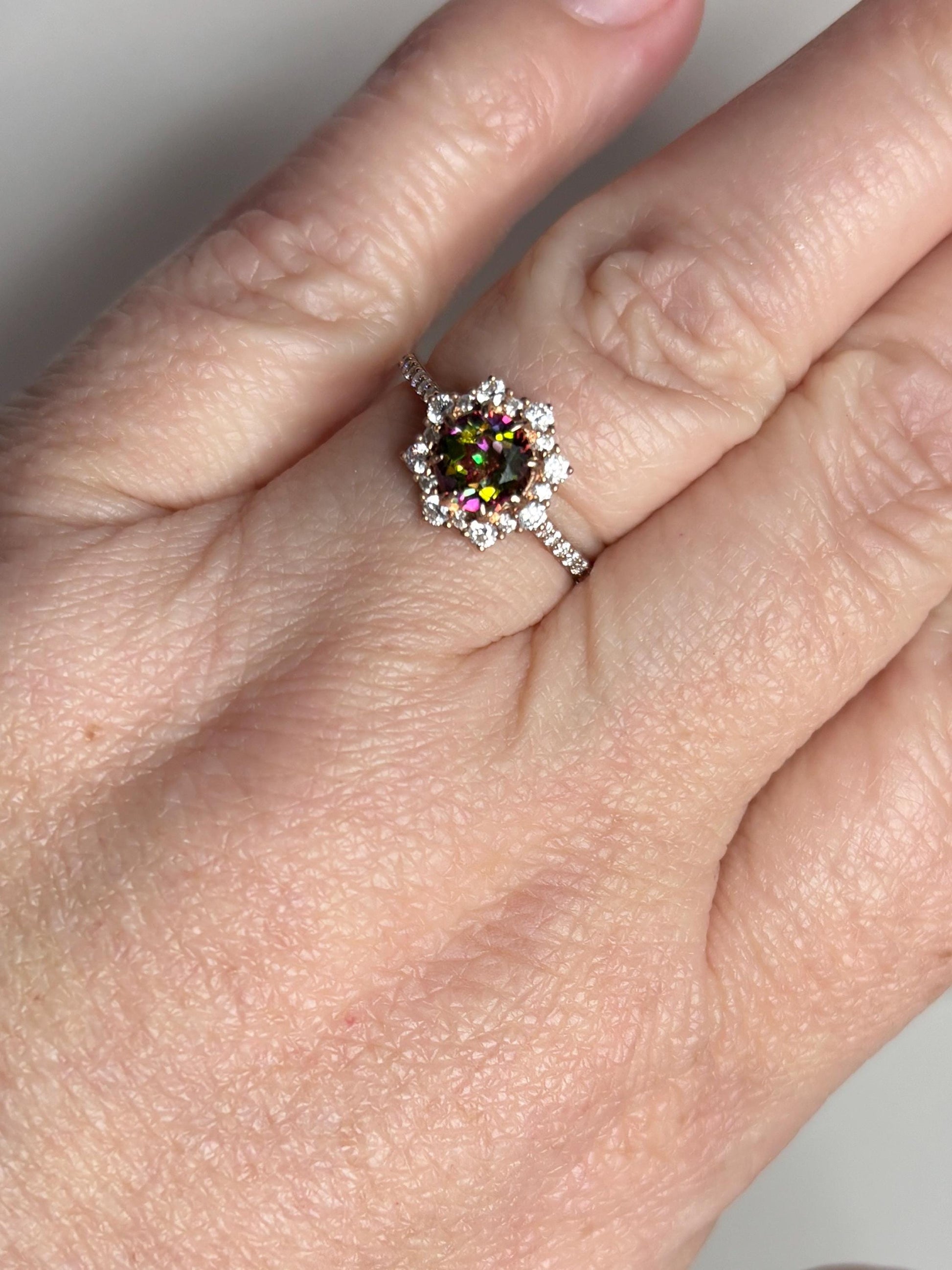 Lab Grown Russian Alexandrite Chrysoberyl and Crystal Ring Halo Solid 18k Rose Gold size 7 - NewLifeJewelryVault