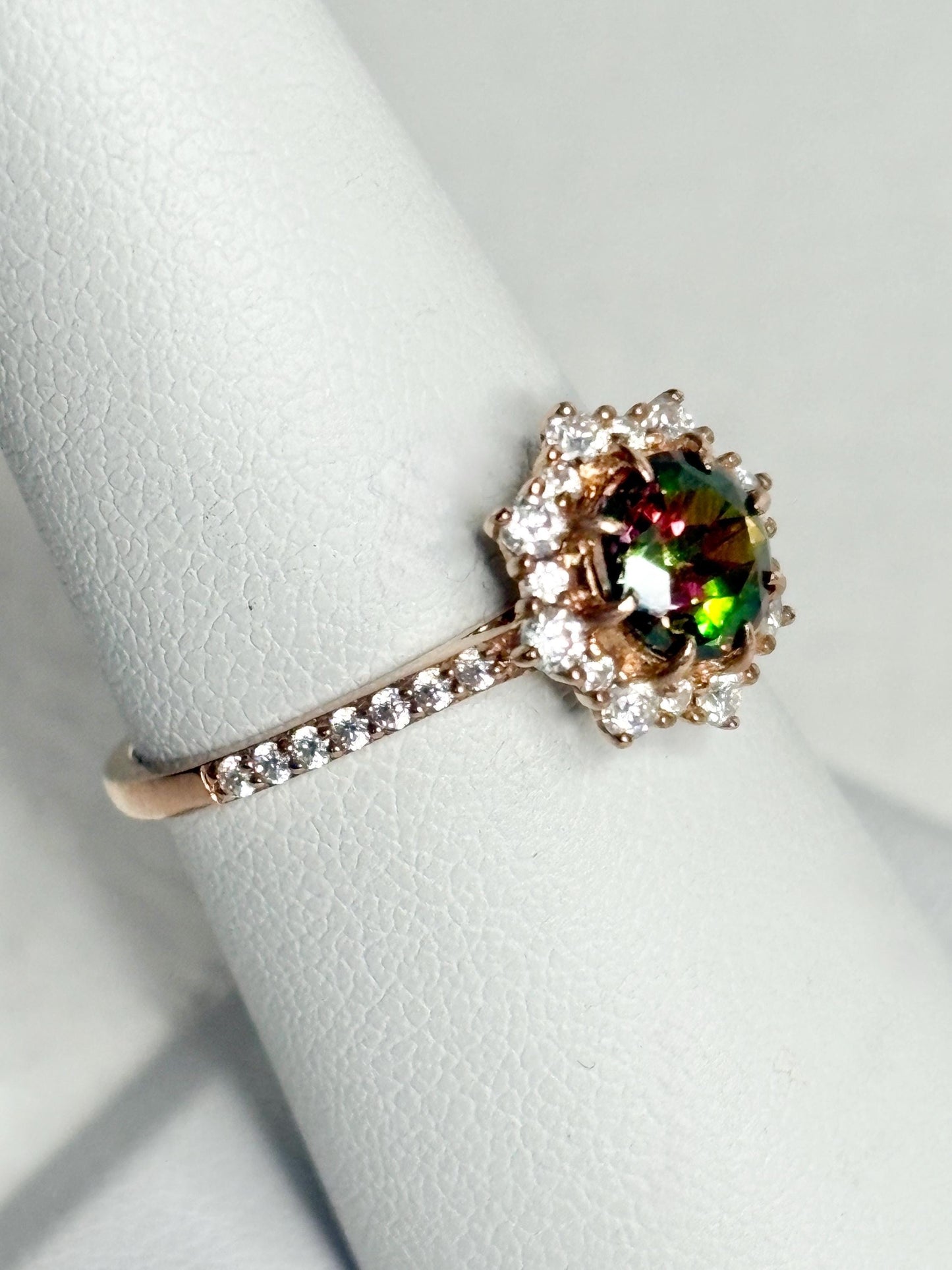 Lab Grown Russian Alexandrite Chrysoberyl and Crystal Ring Halo Solid 18k Rose Gold size 7 - NewLifeJewelryVault