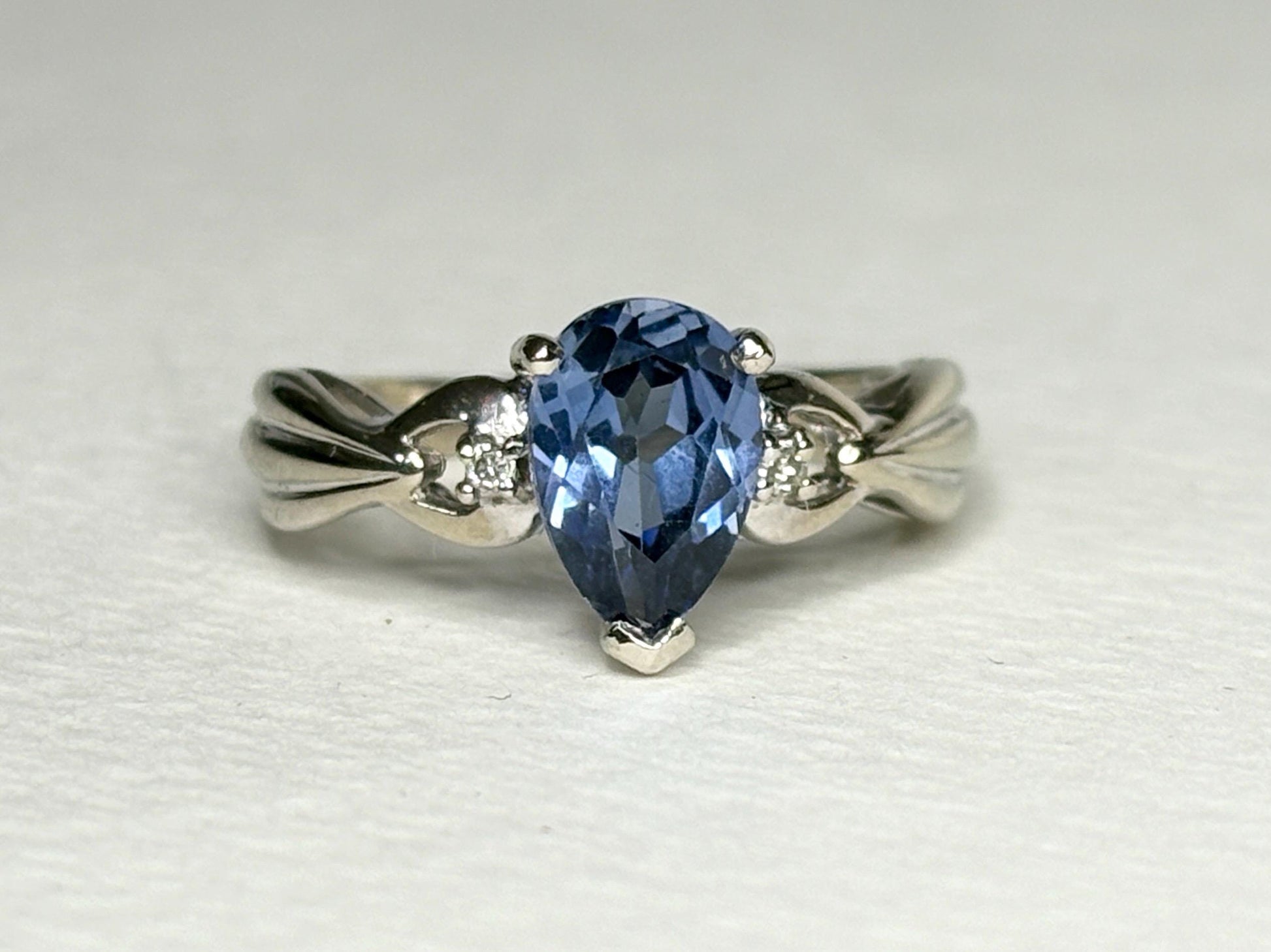 Blue Tanzanite Pear and Diamond Ring Solid 10k White Gold size 6 - NewLifeJewelryVault