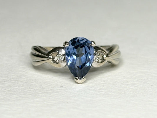Blue Tanzanite Pear and Diamond Ring Solid 10k White Gold size 6 - NewLifeJewelryVault