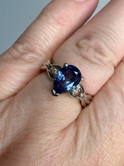 Blue Tanzanite Pear and Diamond Ring Solid 10k White Gold size 6 - NewLifeJewelryVault