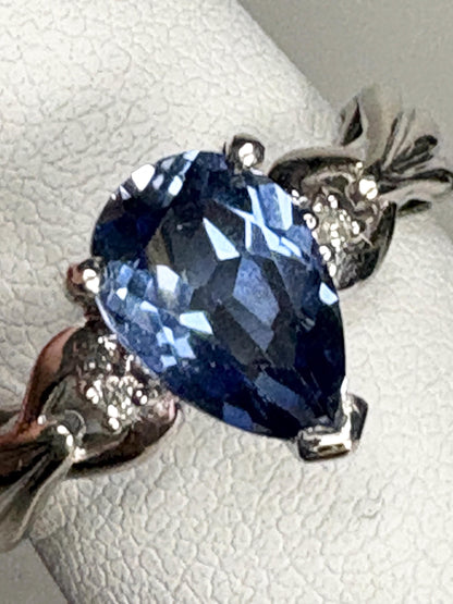 Blue Tanzanite Pear and Diamond Ring Solid 10k White Gold size 6 - NewLifeJewelryVault