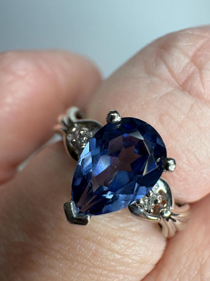 Blue Tanzanite Pear and Diamond Ring Solid 10k White Gold size 6 - NewLifeJewelryVault