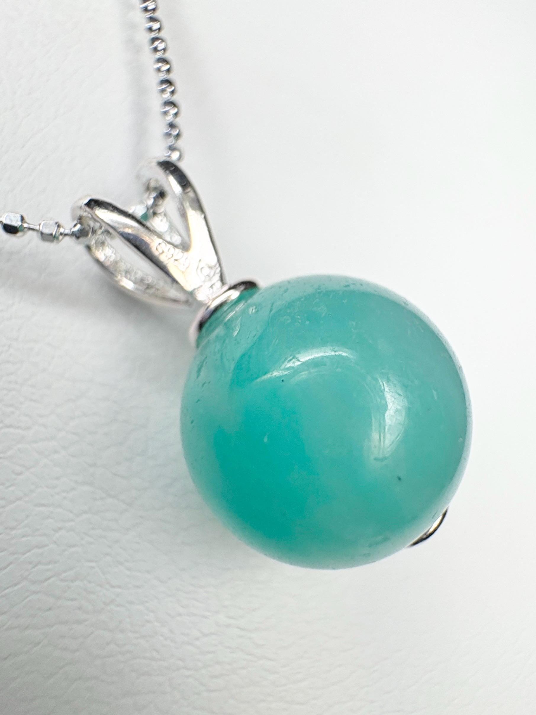 Brazilian Unheated Amazonite Bead Pendant Necklace Sterling Silver Ball Chain 18" - NewLifeJewelryVault