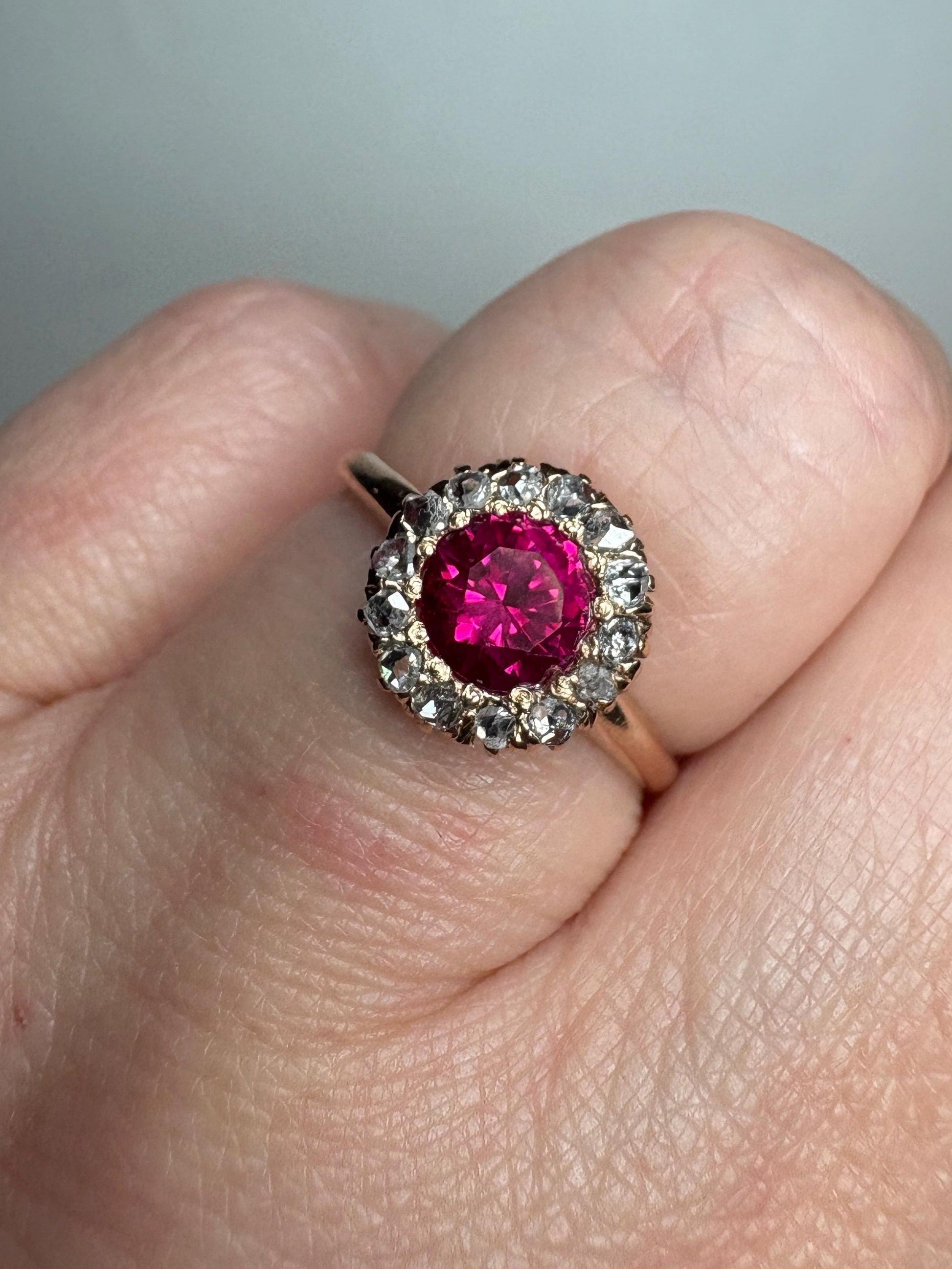 Antique Lab Grown Ruby Natural Diamond Halo Ring Solid 10k Gold size 6.25 - NewLifeJewelryVault
