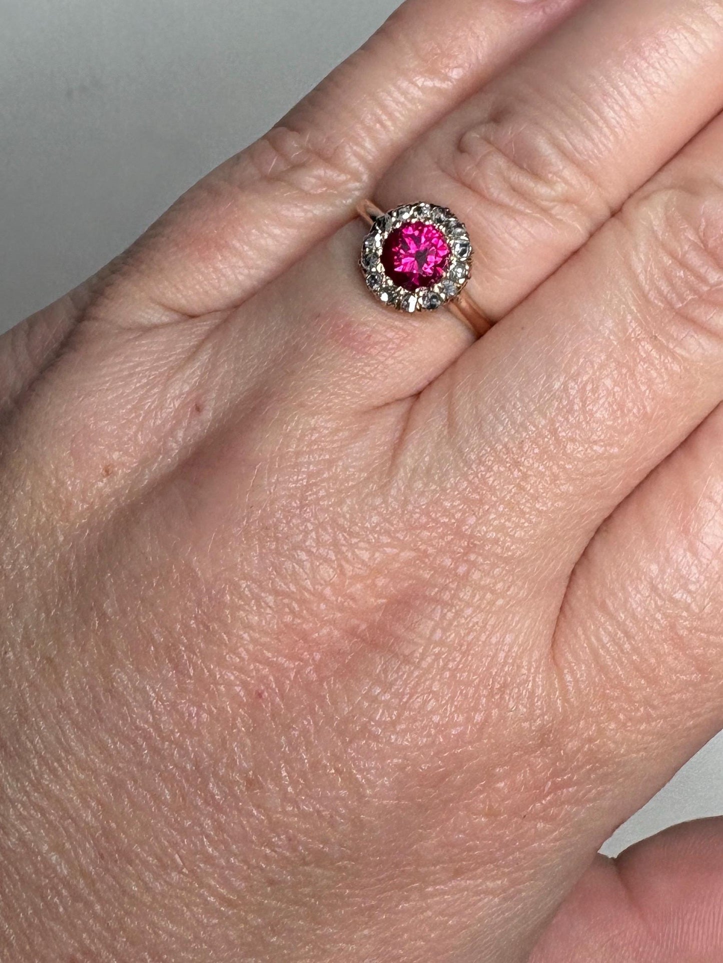 Antique Lab Grown Ruby Natural Diamond Halo Ring Solid 10k Gold size 6.25 - NewLifeJewelryVault
