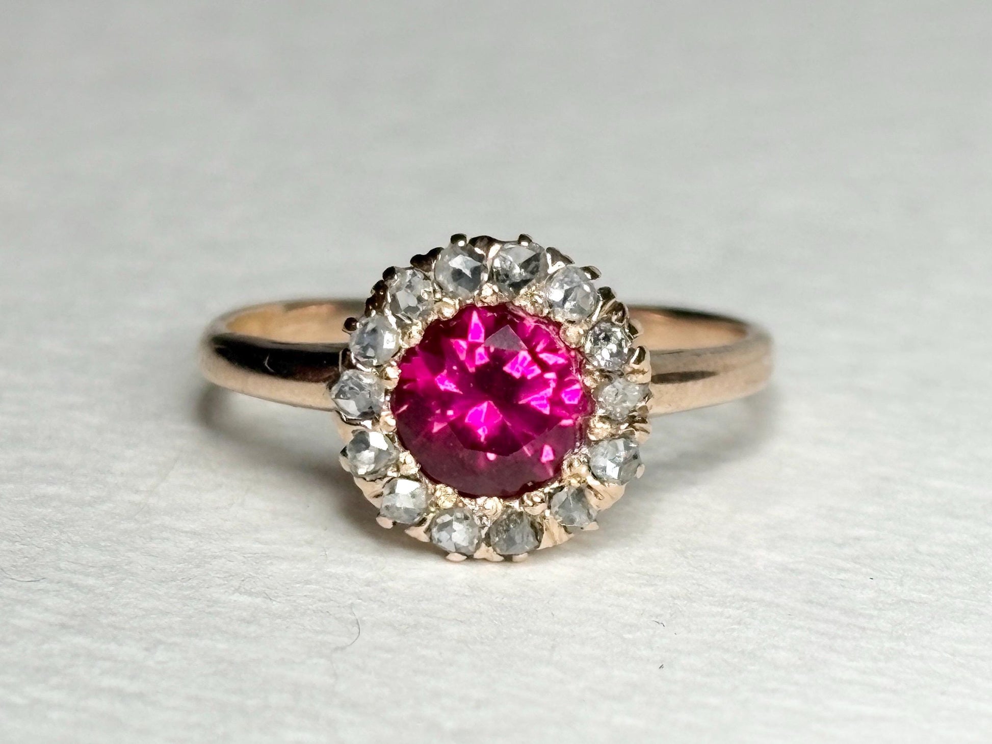 Antique Lab Grown Ruby Natural Diamond Halo Ring Solid 10k Gold size 6.25 - NewLifeJewelryVault