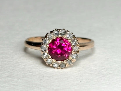 Antique Lab Grown Ruby Natural Diamond Halo Ring Solid 10k Gold size 6.25 - NewLifeJewelryVault