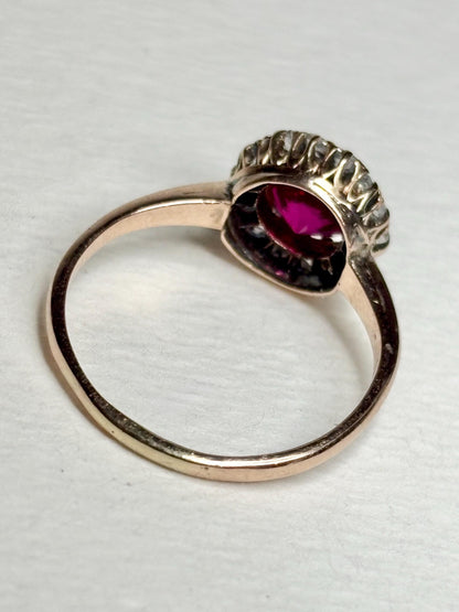 Antique Lab Grown Ruby Natural Diamond Halo Ring Solid 10k Gold size 6.25 - NewLifeJewelryVault