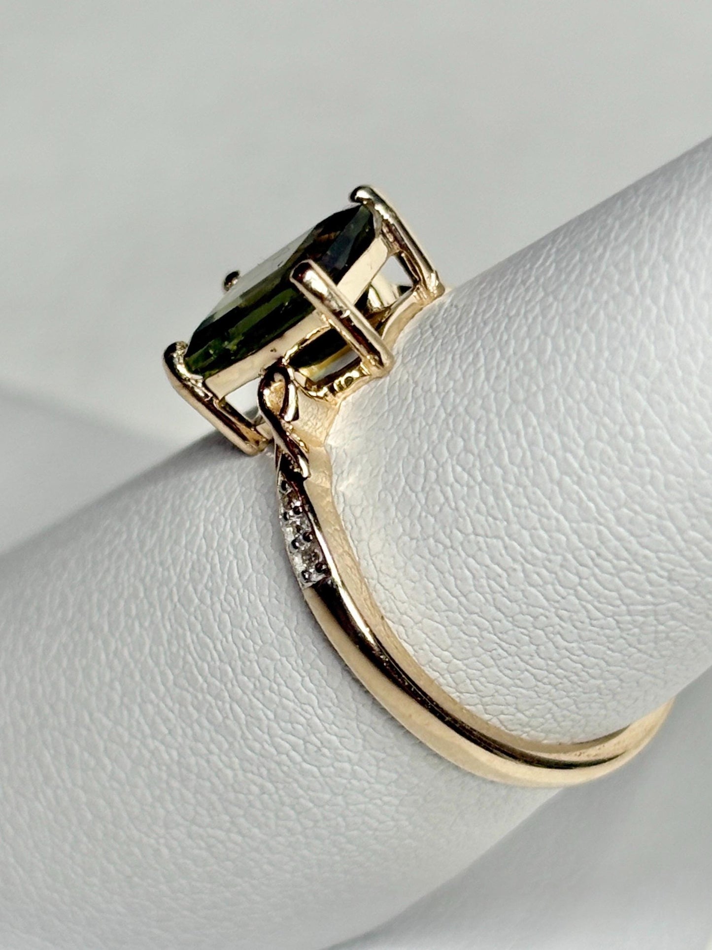 Moldavite Solitaire Emerald Cut Ring Solid 9k Gold size 7 - NewLifeJewelryVault