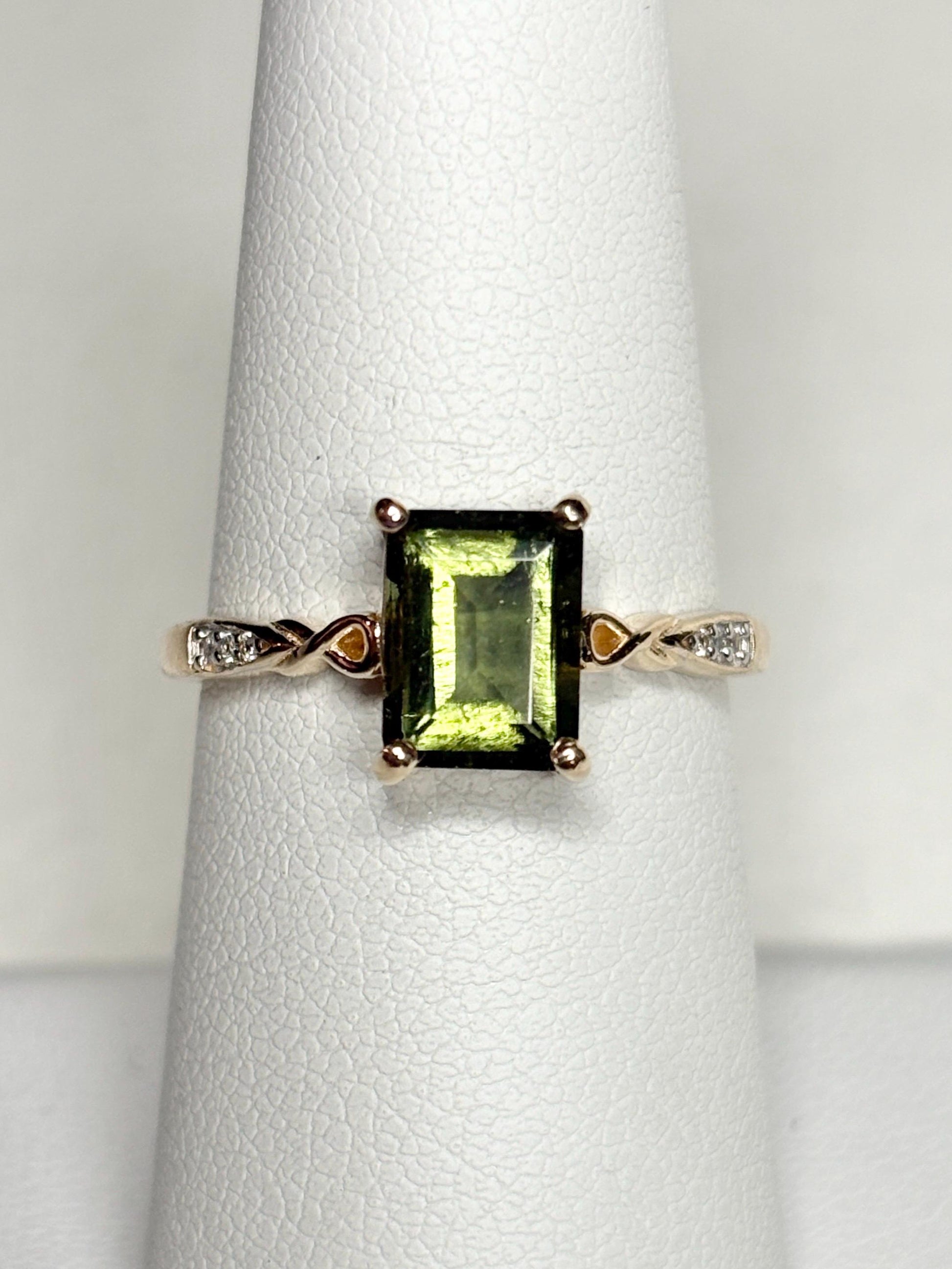 Moldavite Solitaire Emerald Cut Ring Solid 9k Gold size 7 - NewLifeJewelryVault