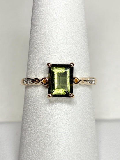Moldavite Solitaire Emerald Cut Ring Solid 9k Gold size 7 - NewLifeJewelryVault