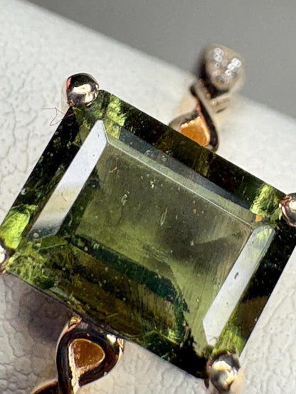 Moldavite Solitaire Emerald Cut Ring Solid 9k Gold size 7 - NewLifeJewelryVault