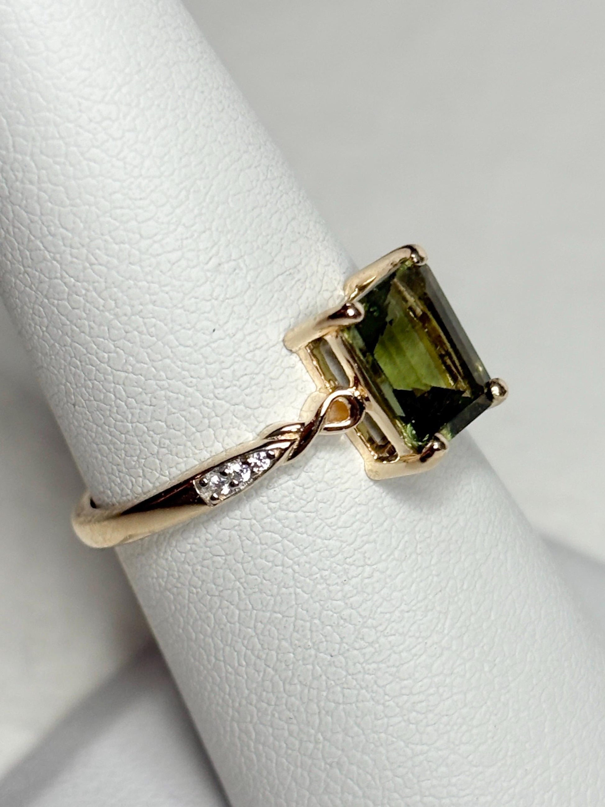 Moldavite Solitaire Emerald Cut Ring Solid 9k Gold size 7 - NewLifeJewelryVault
