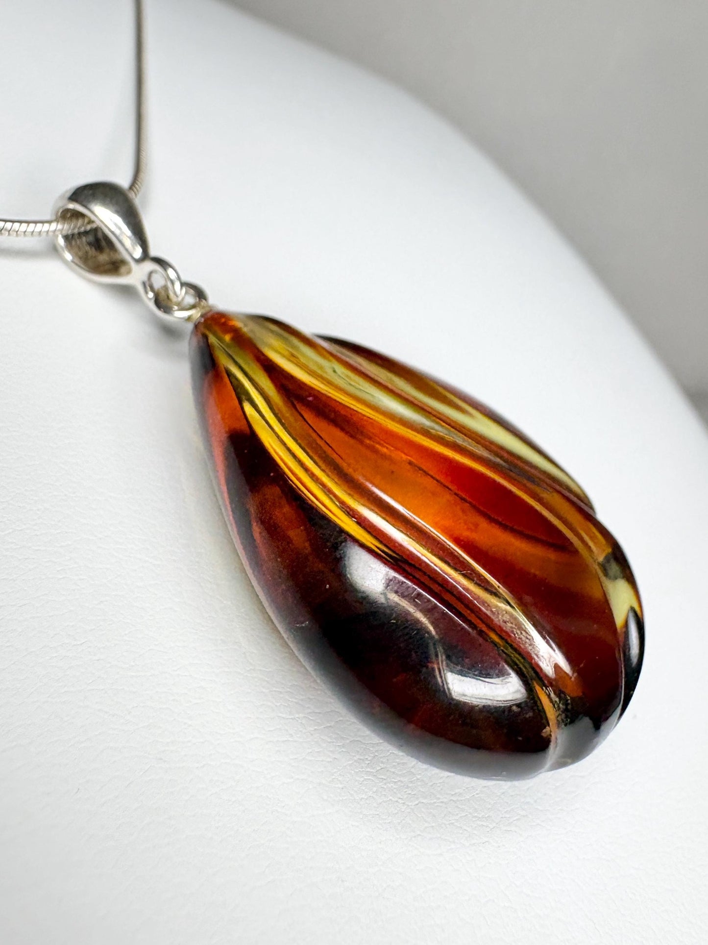 Baltic Amber Carved Pendant Necklace Sterling Silver 18" - NewLifeJewelryVault