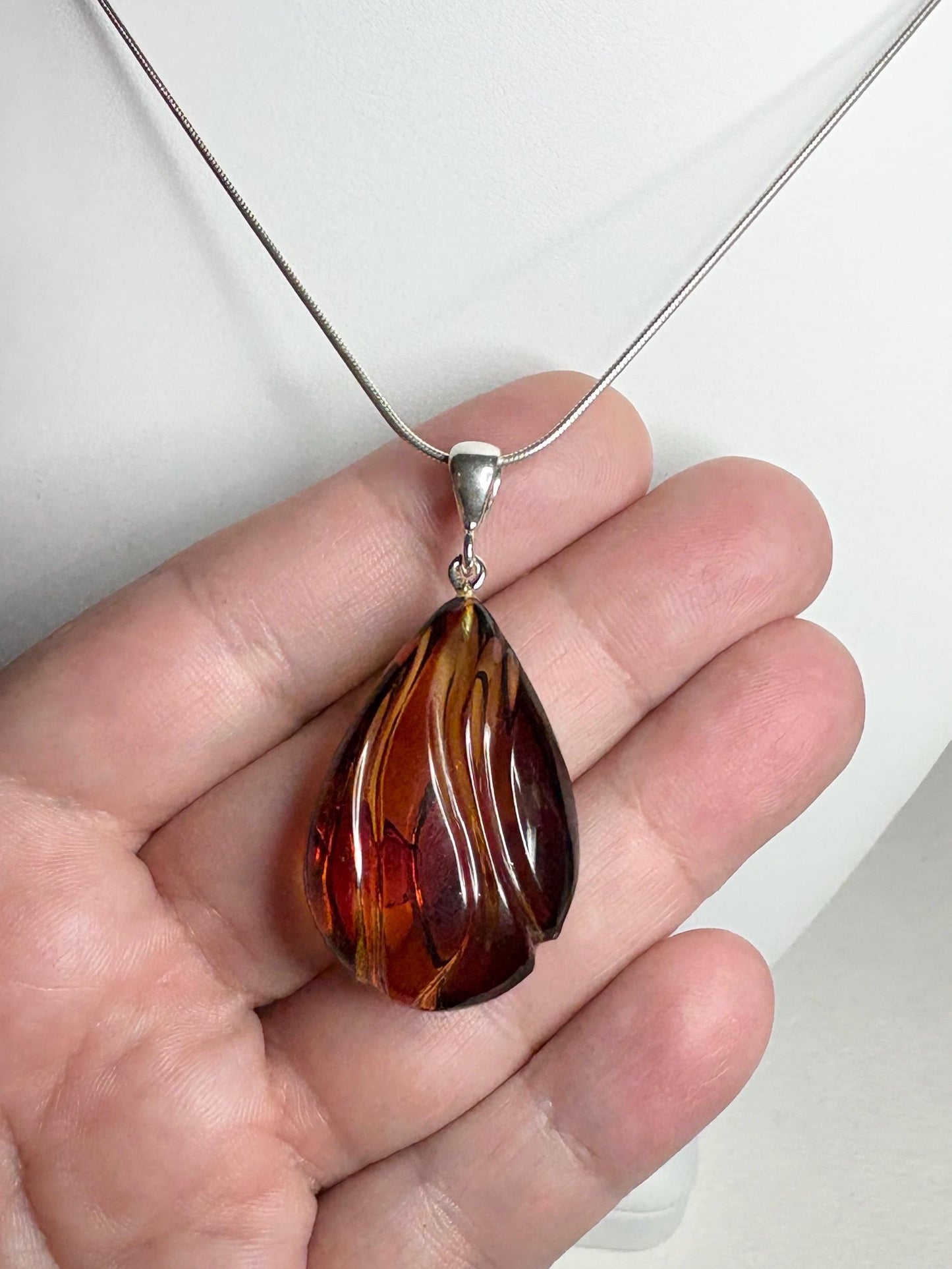 Baltic Amber Carved Pendant Necklace Sterling Silver 18" - NewLifeJewelryVault