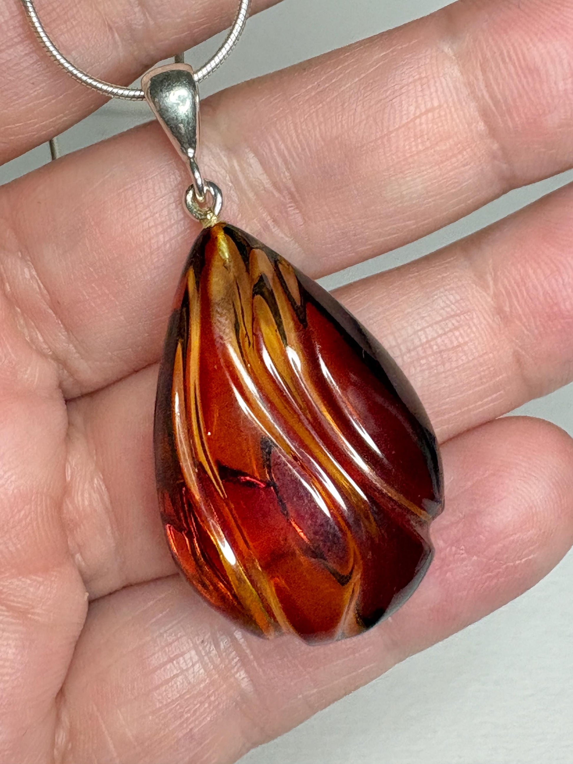 Baltic Amber Carved Pendant Necklace Sterling Silver 18" - NewLifeJewelryVault