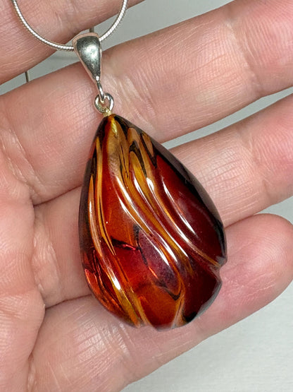 Baltic Amber Carved Pendant Necklace Sterling Silver 18" - NewLifeJewelryVault