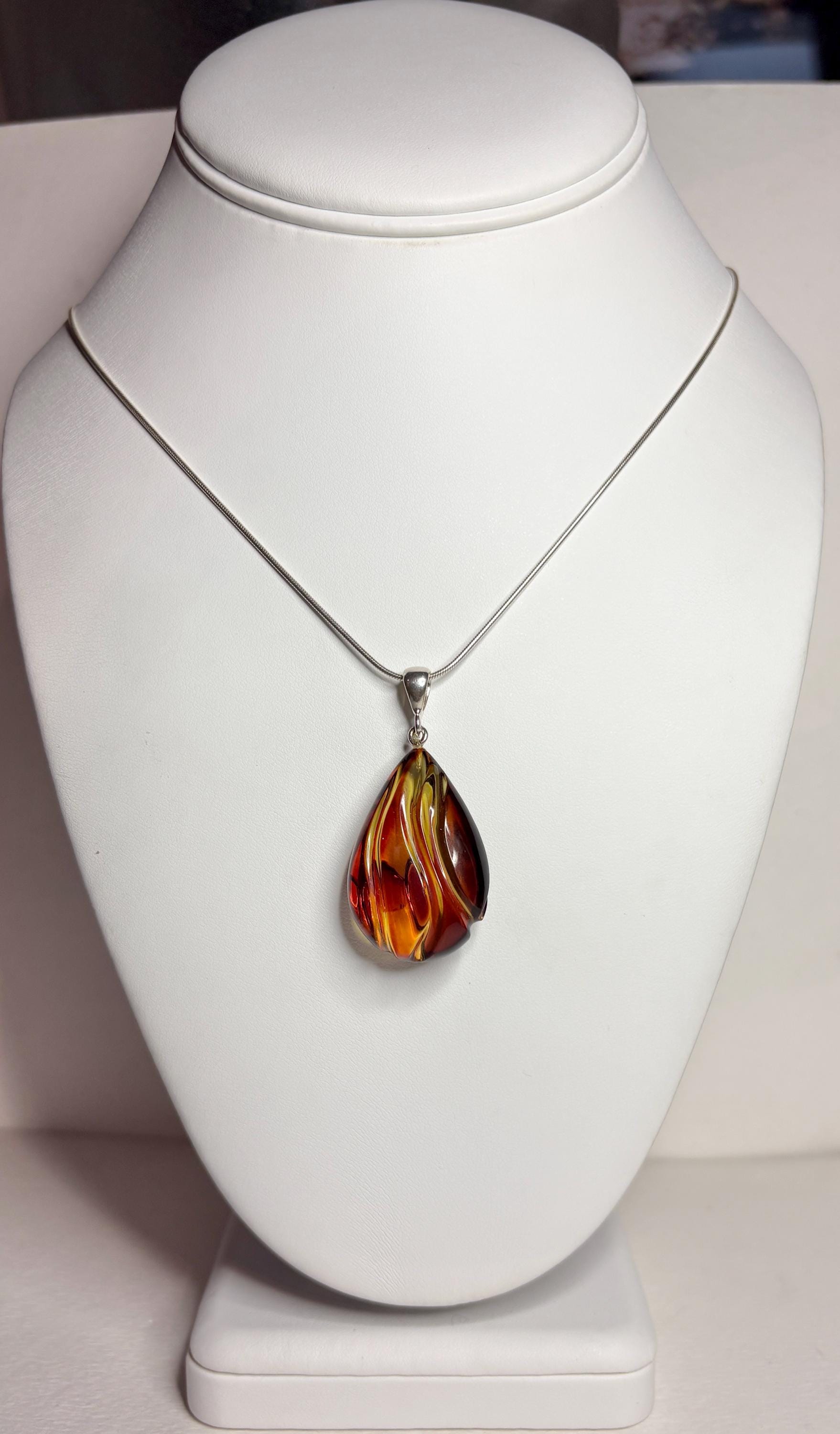 Baltic Amber Carved Pendant Necklace Sterling Silver 18" - NewLifeJewelryVault