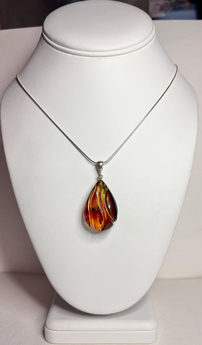 Baltic Amber Carved Pendant Necklace Sterling Silver 18" - NewLifeJewelryVault