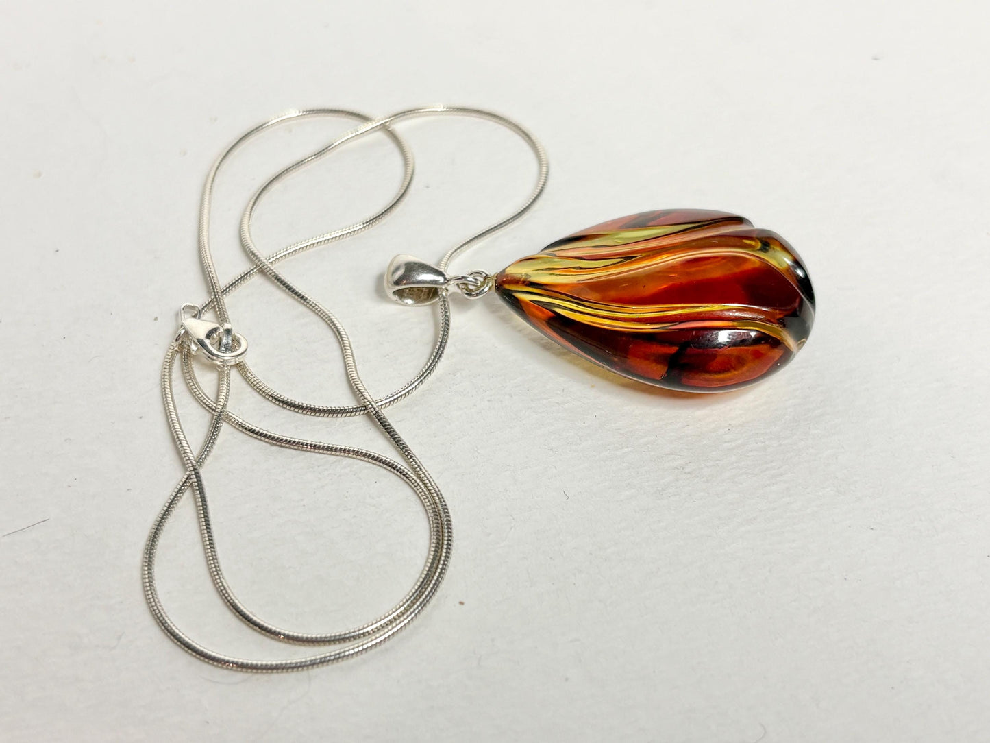 Baltic Amber Carved Pendant Necklace Sterling Silver 18" - NewLifeJewelryVault