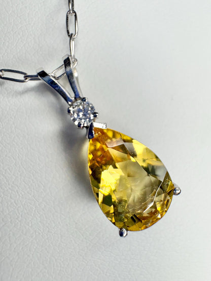 Heliodor Yellow Beryl and Diamond Pear shaped Pendant Necklace Solid 14k White Gold 16" - NewLifeJewelryVault