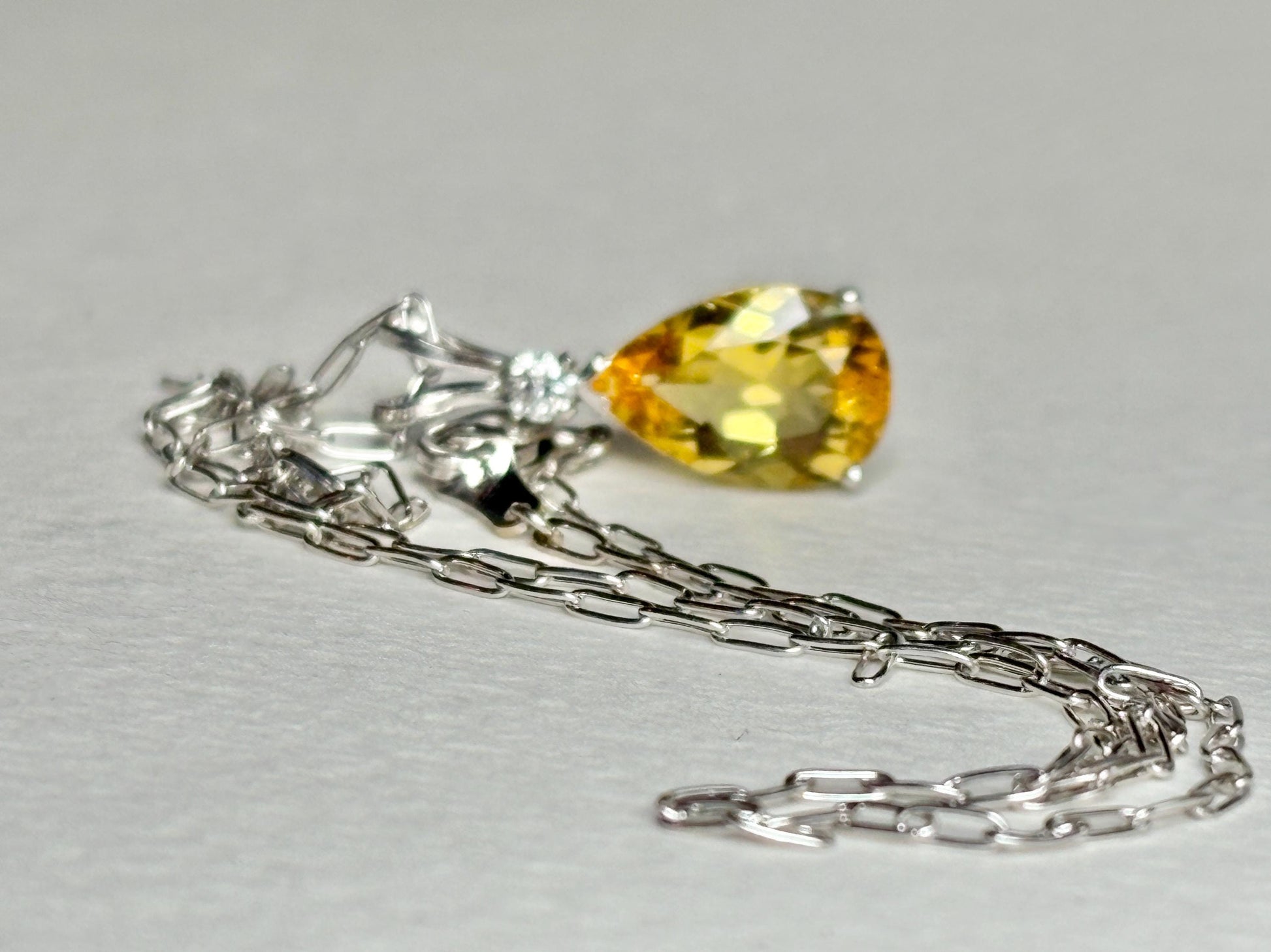 Heliodor Yellow Beryl and Diamond Pear shaped Pendant Necklace Solid 14k White Gold 16" - NewLifeJewelryVault
