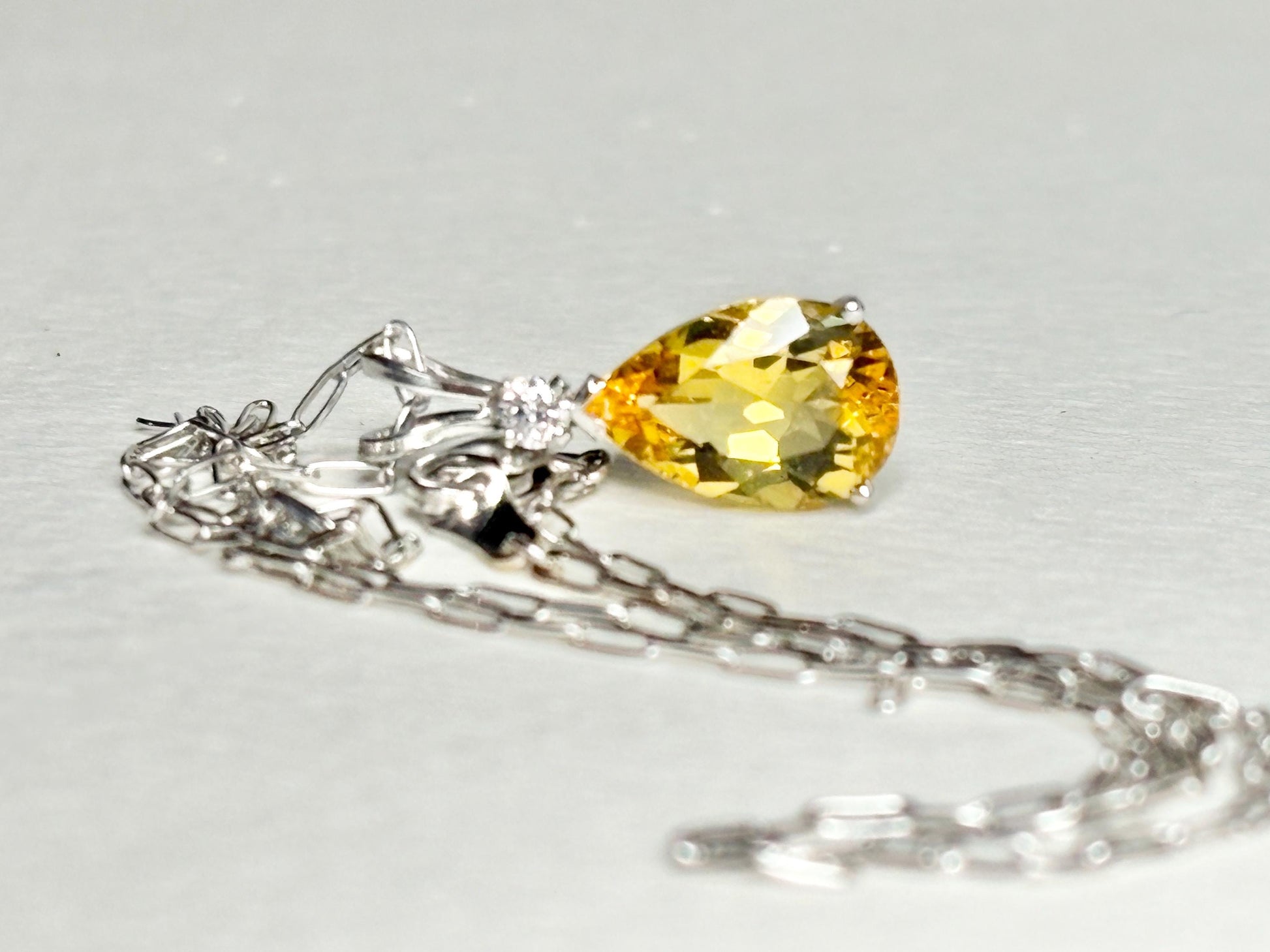 Heliodor Yellow Beryl and Diamond Pear shaped Pendant Necklace Solid 14k White Gold 16" - NewLifeJewelryVault