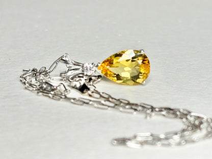 Heliodor Yellow Beryl and Diamond Pear shaped Pendant Necklace Solid 14k White Gold 16" - NewLifeJewelryVault