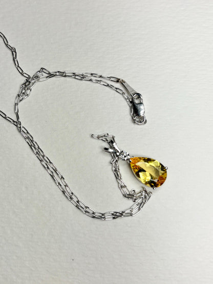 Heliodor Yellow Beryl and Diamond Pear shaped Pendant Necklace Solid 14k White Gold 16" - NewLifeJewelryVault
