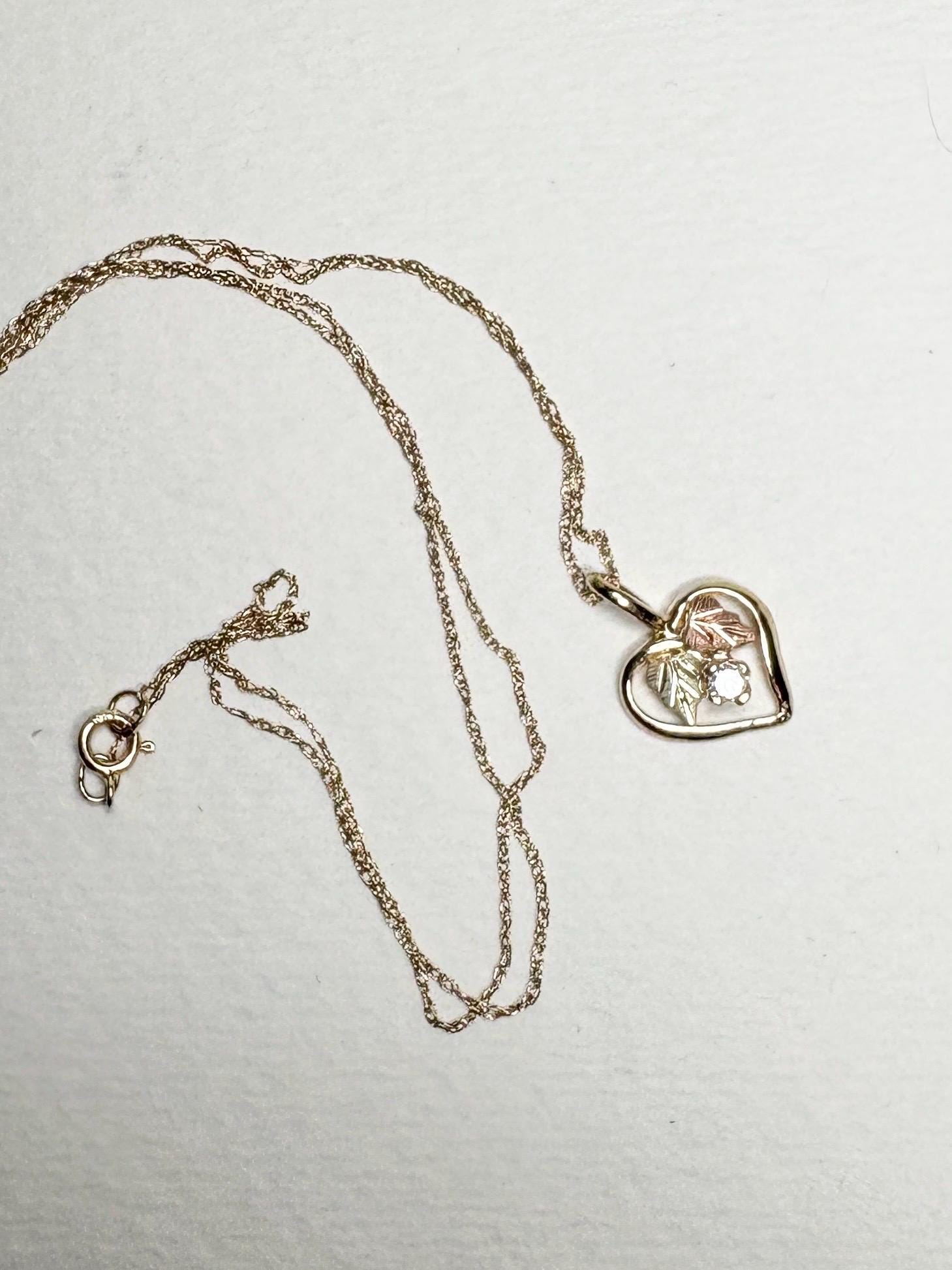 Black Hills Gold Natural Diamond Heart Pendant Necklace Solid 10k Gold 18" - NewLifeJewelryVault