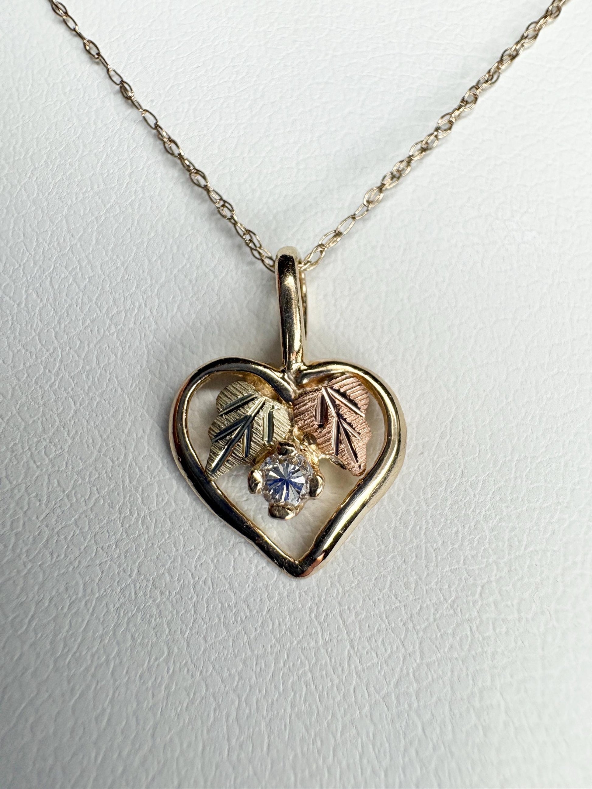 Black Hills Gold Natural Diamond Heart Pendant Necklace Solid 10k Gold 18" - NewLifeJewelryVault