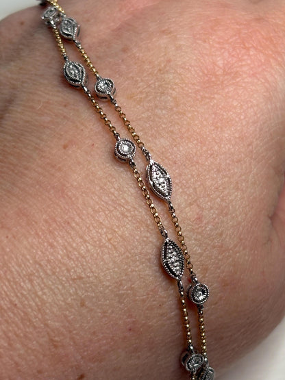 Vintage Two Toned Diamond Milgrain Station Necklace 14k Gold 5g Adjustable 16/17/18" - NewLifeJewelryVault