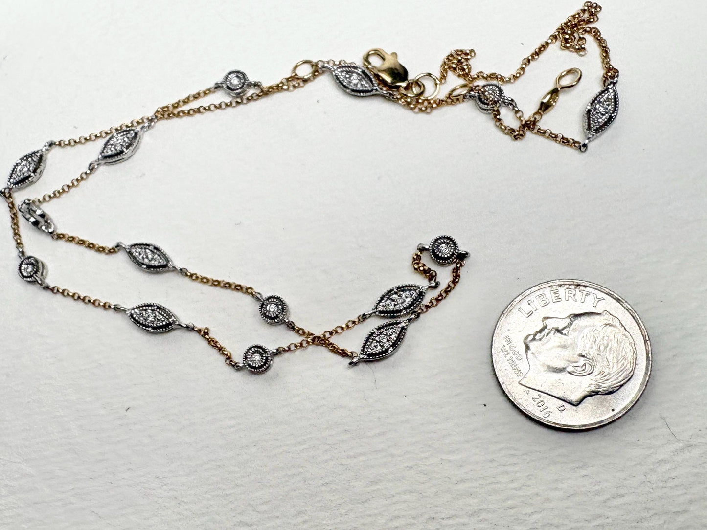 Vintage Two Toned Diamond Milgrain Station Necklace 14k Gold 5g Adjustable 16/17/18" - NewLifeJewelryVault