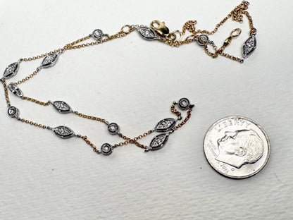 Vintage Two Toned Diamond Milgrain Station Necklace 14k Gold 5g Adjustable 16/17/18" - NewLifeJewelryVault