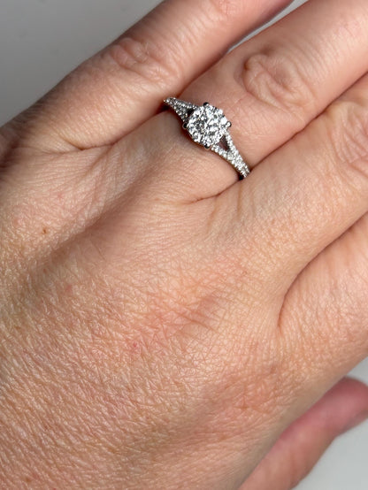 Diamond Halo Split Shank Ring Solid 14k White Gold 2.4g size 6.5 - NewLifeJewelryVault
