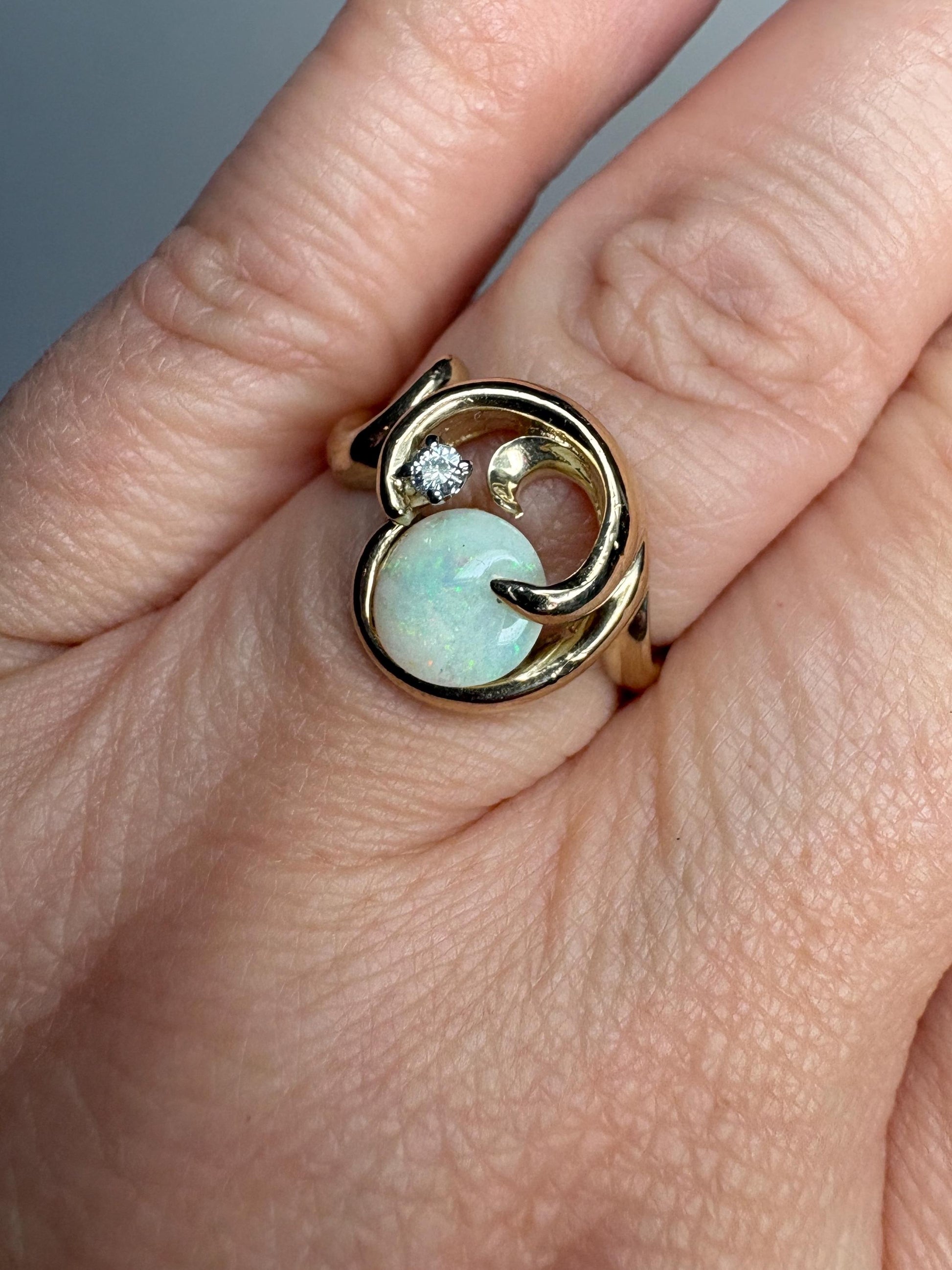 Australian Opal and Diamond Free-form Ring Solid 14k Gold 5g size 7.5 - NewLifeJewelryVault