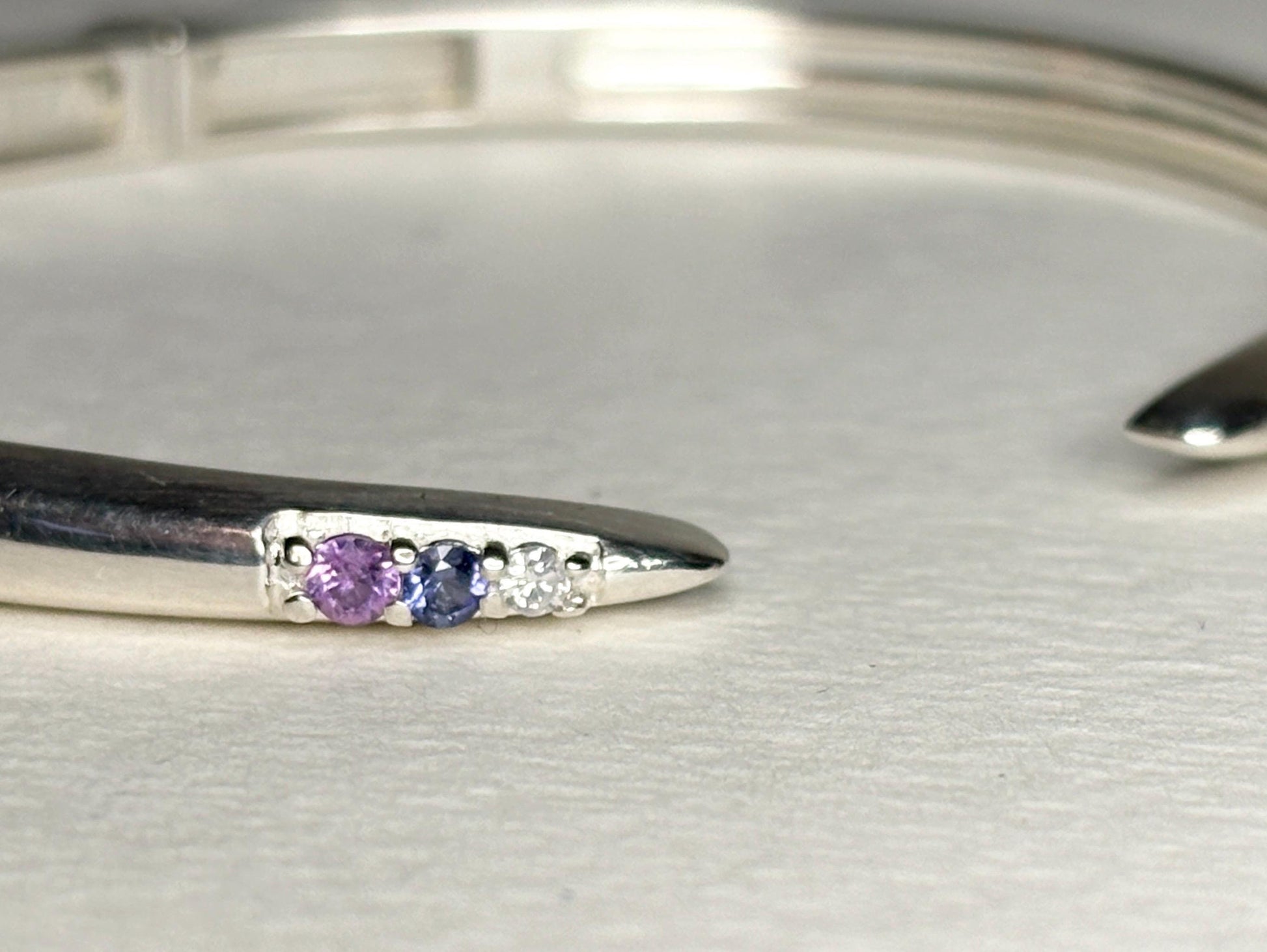 Open Cuff Bangle Purple Violet Sapphires with Diamonds Sterling Silver size Adjustable Medium - NewLifeJewelryVault