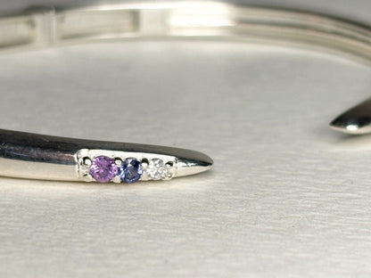 Open Cuff Bangle Purple Violet Sapphires with Diamonds Sterling Silver size Adjustable Medium - NewLifeJewelryVault