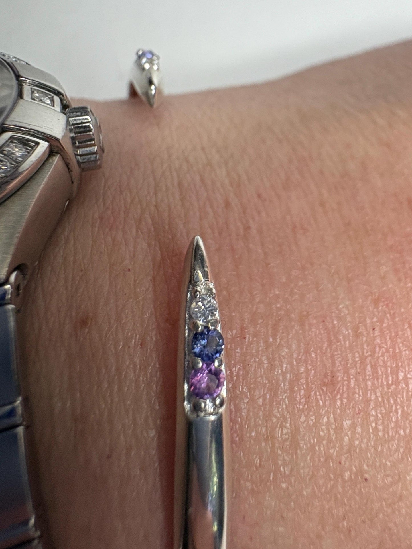 Open Cuff Bangle Purple Violet Sapphires with Diamonds Sterling Silver size Adjustable Medium - NewLifeJewelryVault