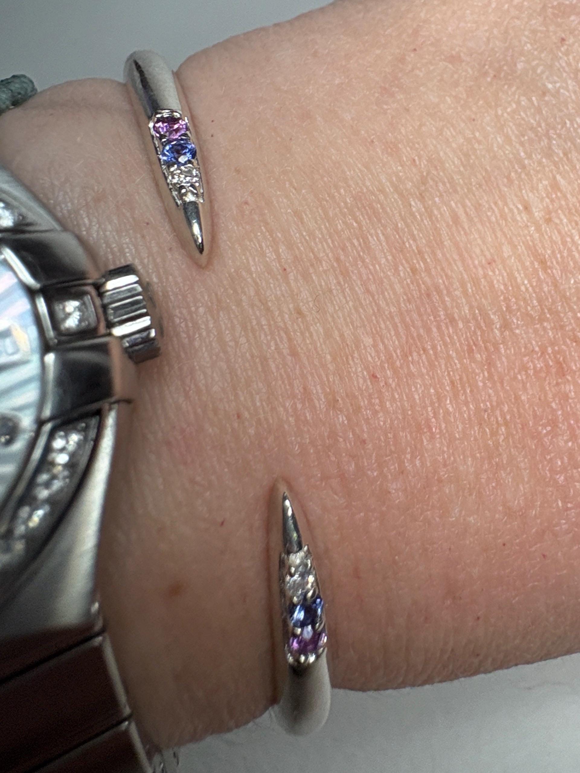 Open Cuff Bangle Purple Violet Sapphires with Diamonds Sterling Silver size Adjustable Medium - NewLifeJewelryVault