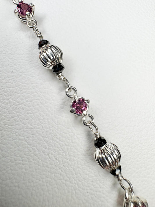Rhodolite and Black Diamond Beaded Bracelet Sterling Silver 7.5" - NewLifeJewelryVault