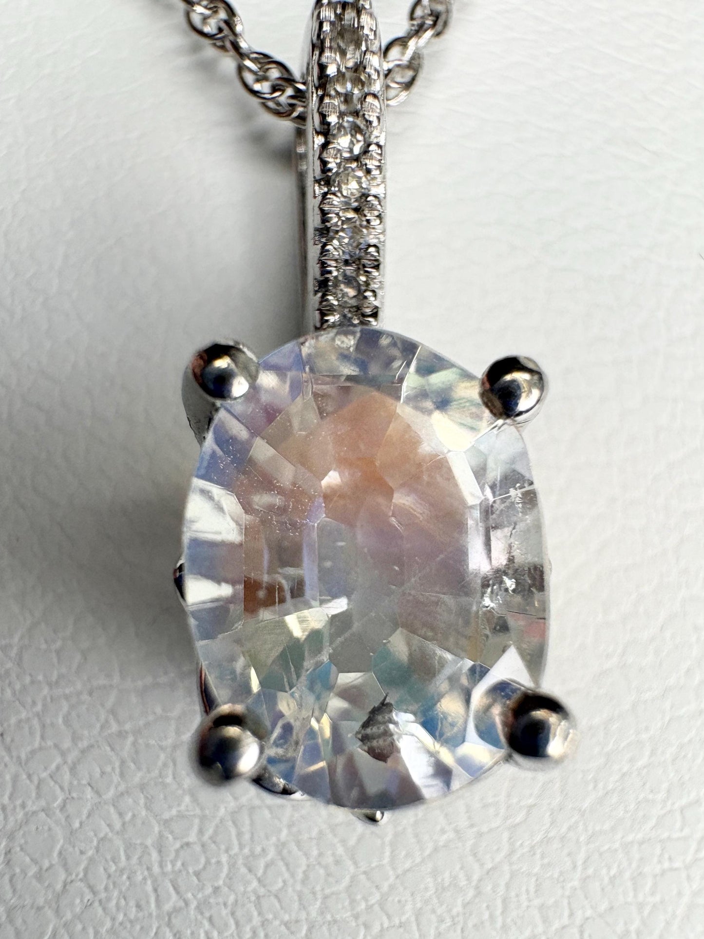 Madagascar Rainbow Moonstone and Diamond Pendant Necklace Sterling Silver 18" - NewLifeJewelryVault