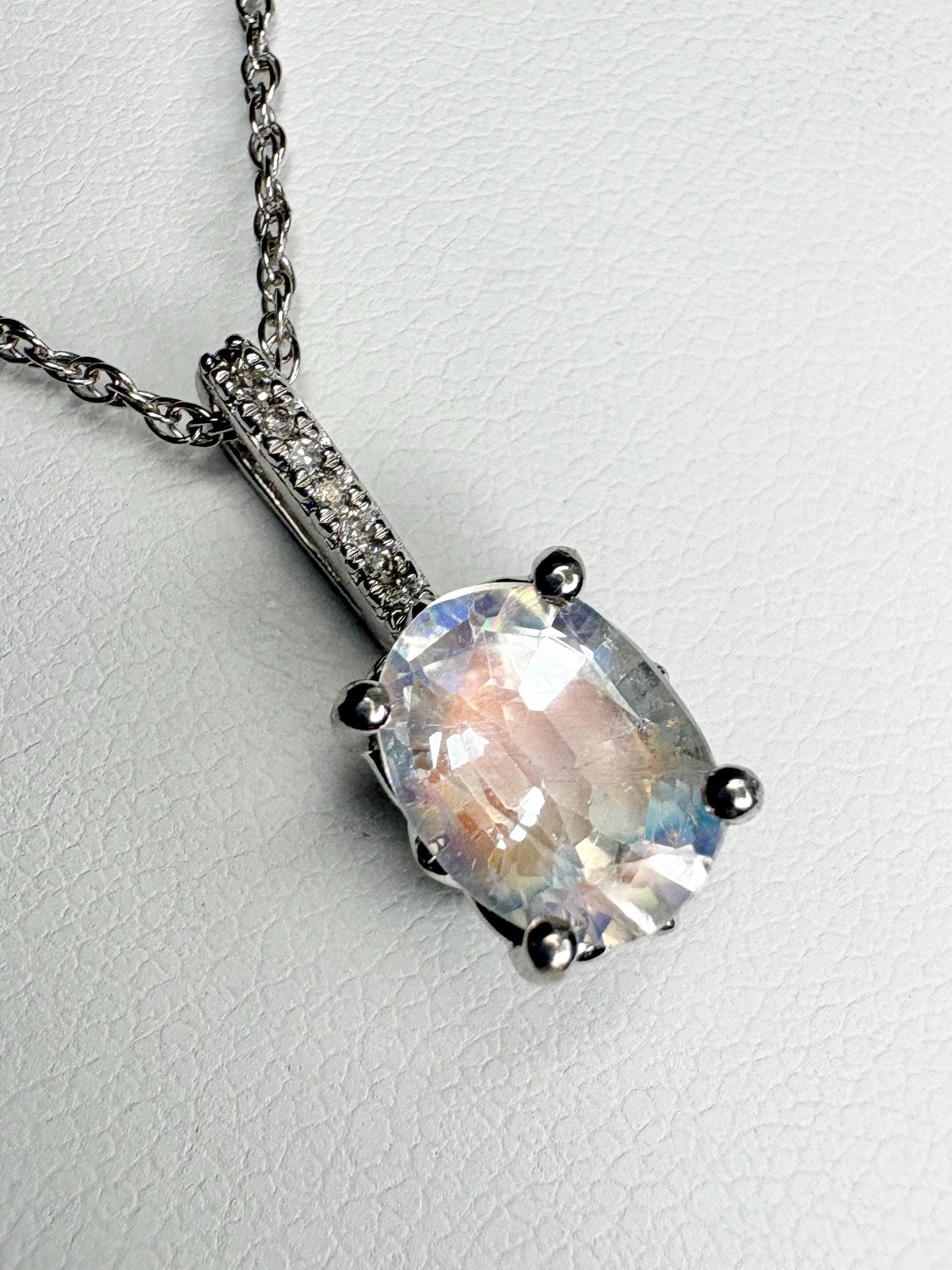 Madagascar Rainbow Moonstone and Diamond Pendant Necklace Sterling Silver 18" - NewLifeJewelryVault
