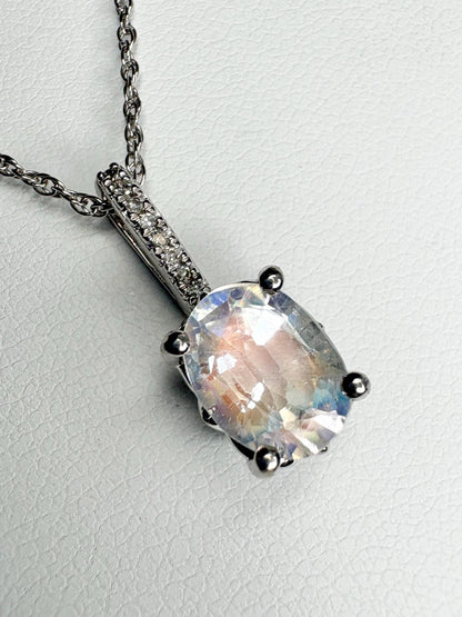 Madagascar Rainbow Moonstone and Diamond Pendant Necklace Sterling Silver 18" - NewLifeJewelryVault