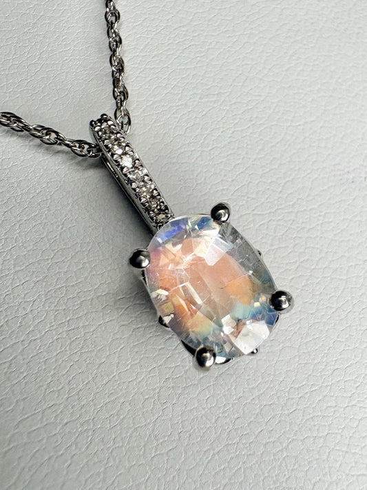 Madagascar Rainbow Moonstone and Diamond Pendant Necklace Sterling Silver 18" - NewLifeJewelryVault