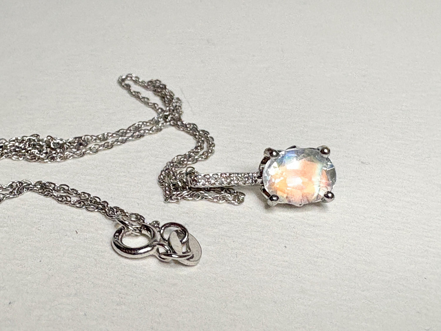 Madagascar Rainbow Moonstone and Diamond Pendant Necklace Sterling Silver 18" - NewLifeJewelryVault