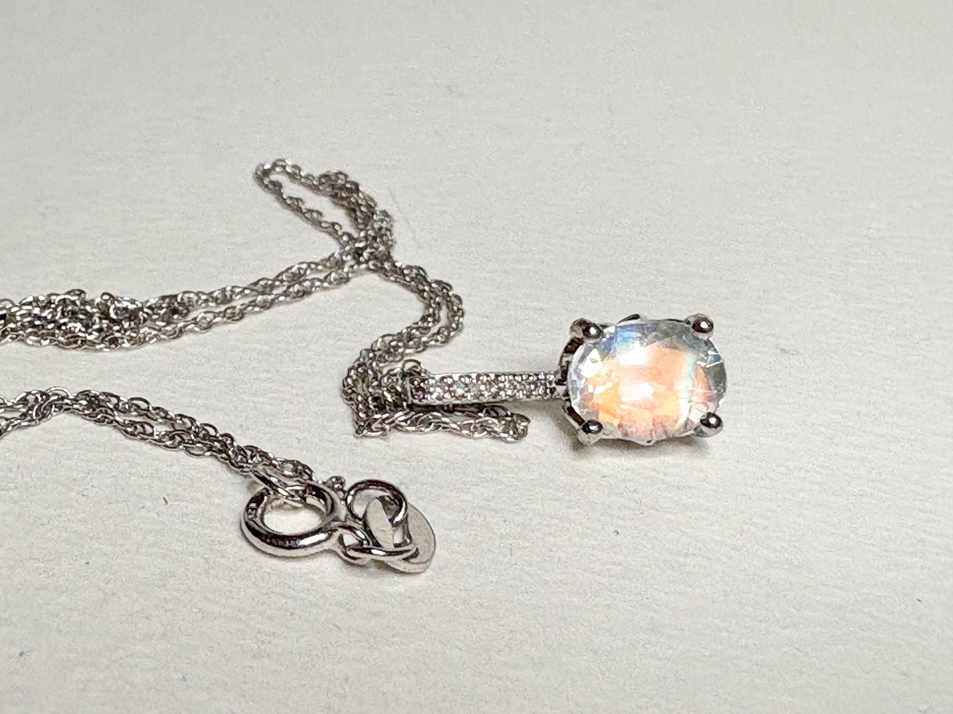 Madagascar Rainbow Moonstone and Diamond Pendant Necklace Sterling Silver 18" - NewLifeJewelryVault